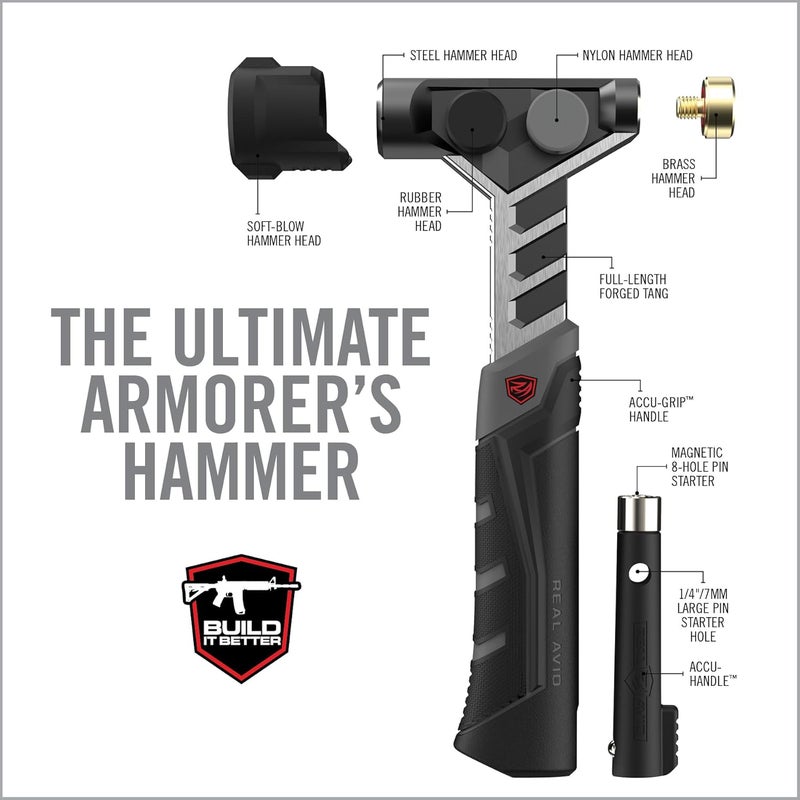 Real Avid Armorer's Master Hammer - 20 Ounce 9-1/2" Hammer with Changing Heads Including Soft Blow, Steel, Rubber & Brass Head + Magnetic Pin Starter - Image 2